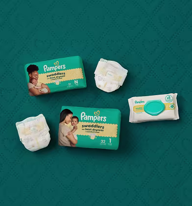 Bag of Pampers Newborn and size 1 diapers laying next to a pack of sensitive wipes on a dark teal background Bag of Pampers Newborn and size 1 diapers laying next to a pack of sensitive wipes on a dark teal background