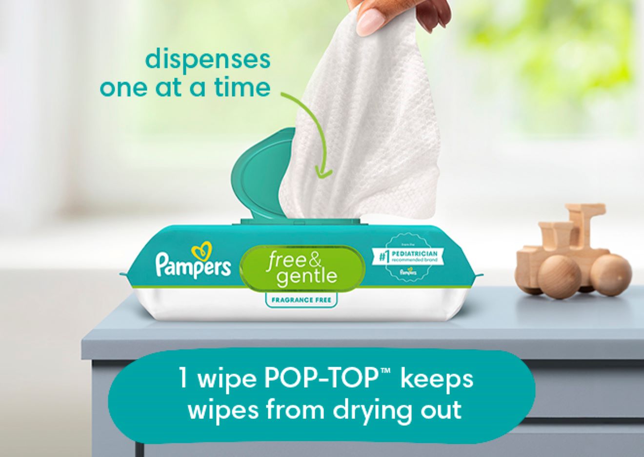 La boîte distributrice de lingettes Pampers Free & Gentle est conçue pour distribuer une lingette à la fois.