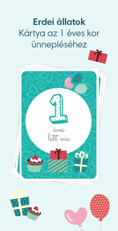 Nyomtatható kártya kisbabád 1 éves korának megünneplésére. Vidám motívumokkal – például ajándékokkal, tortákkal és lufikkal –, valamint az alábbi ünnepi felirattal: 1 éves lett ma!