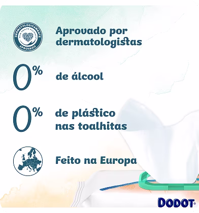 Um close-up das toalhitas Dodot Pure Cuida & Protege a serem retiradas da embalagem e a lista de certificações.