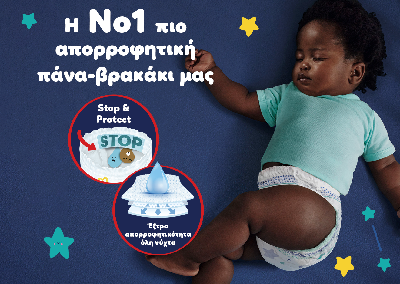 Δίπλα σε μωρό που κοιμάται, υπάρχουν εικονίδια με τις φράσεις «Η Νο1 πιο απορροφητική πάνα-βρακάκι μας, Έξτρα απορροφητικότητα όλη νύχτα και Stop & Protect». 