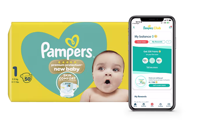 Pampers Club logo and pack of nappies with Pampers Club App shown in a phone