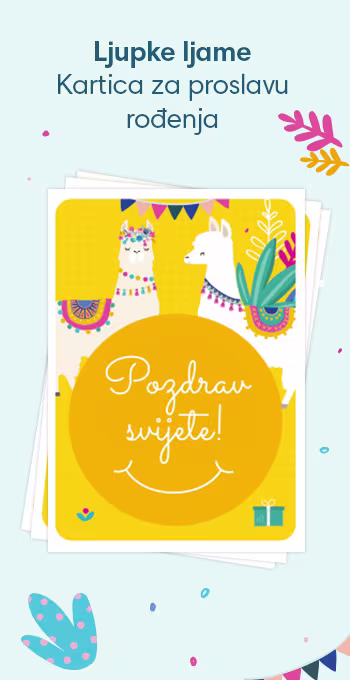 Slavljeničke kartice za proslavu rođenja vaše bebe. Ukrašene veselim motivima uključujući ljupku ljamu i poruku: Zdravo svijete!