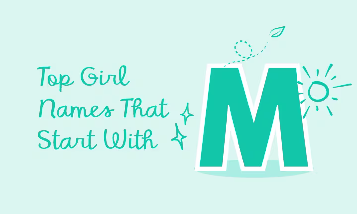 Text: "Top Girl Names That Start With M" in playful, teal lettering with a sun and leaf design.