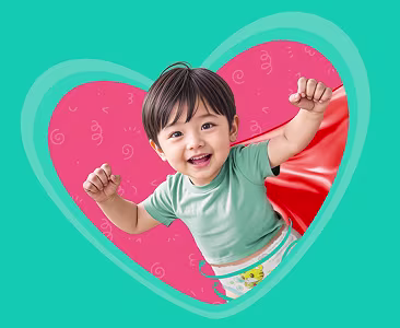 スーパーヒーローの恰好の男の子。360°モレ0へ立体ギャザー（足回り・腰回りにおいて）