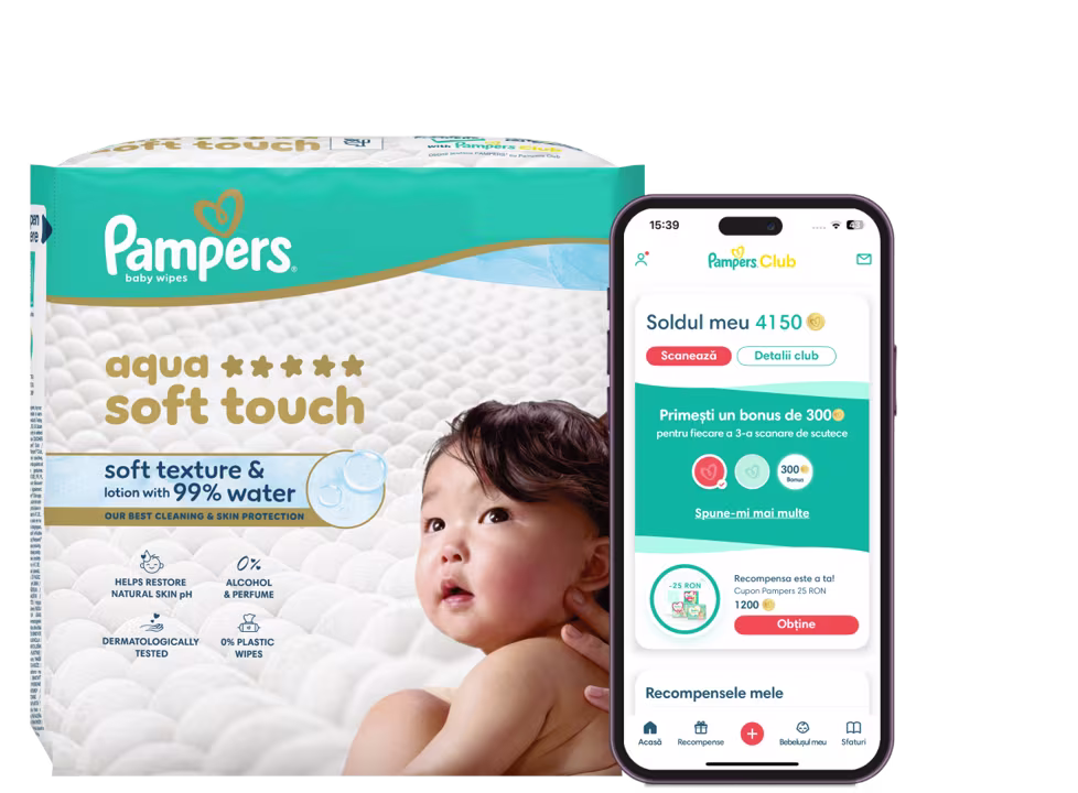 Logo-ul Pampers Club și pachet de șervețele cu aplicația Pampers Club afișată pe telefon