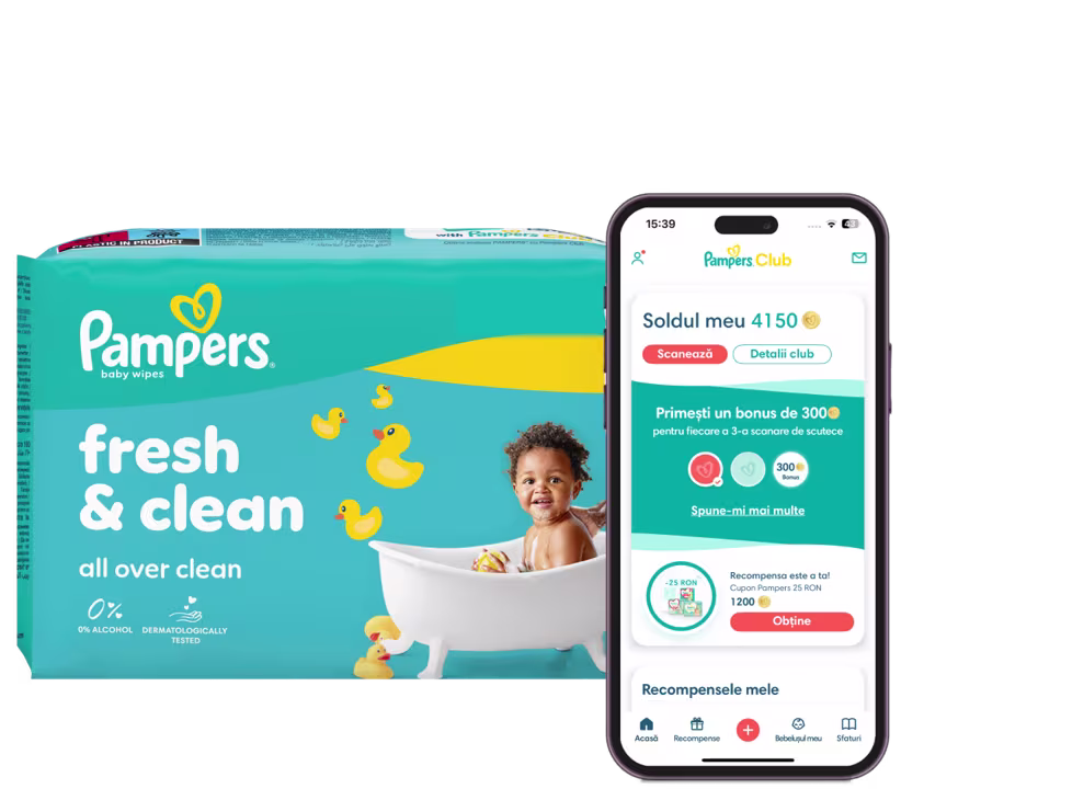 Logo-ul Pampers Club și pachet de șervețele cu aplicația Pampers Club afișată pe telefon