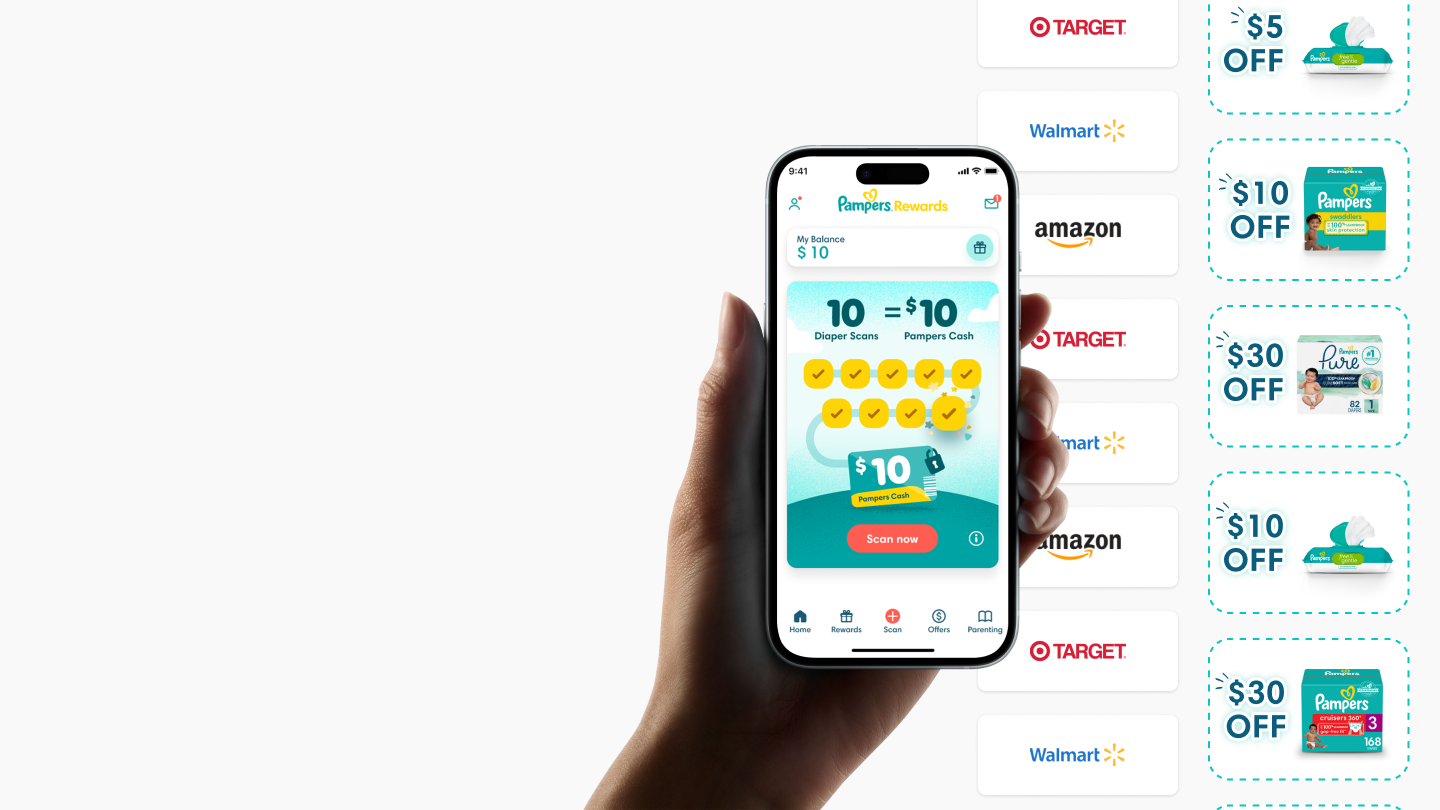 Hand holding a phone showing the Pampers rewards app homescreen