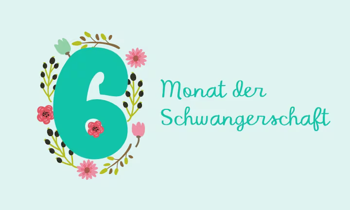 Türkise Zahl 6 umrahmt von einem Blumenkranz – 6. Schwangerschaftsmonat