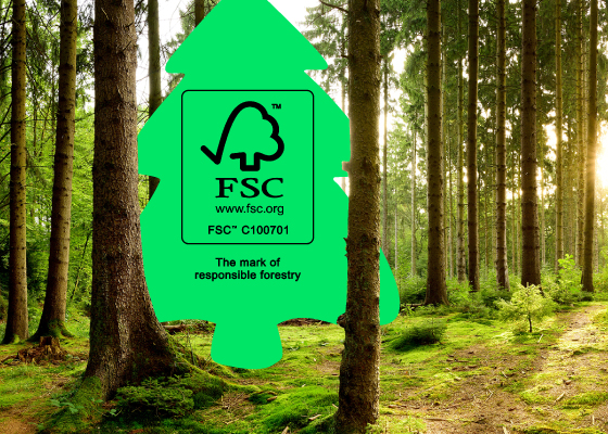 Imagine cu pădure pe care se află logoul FSC.