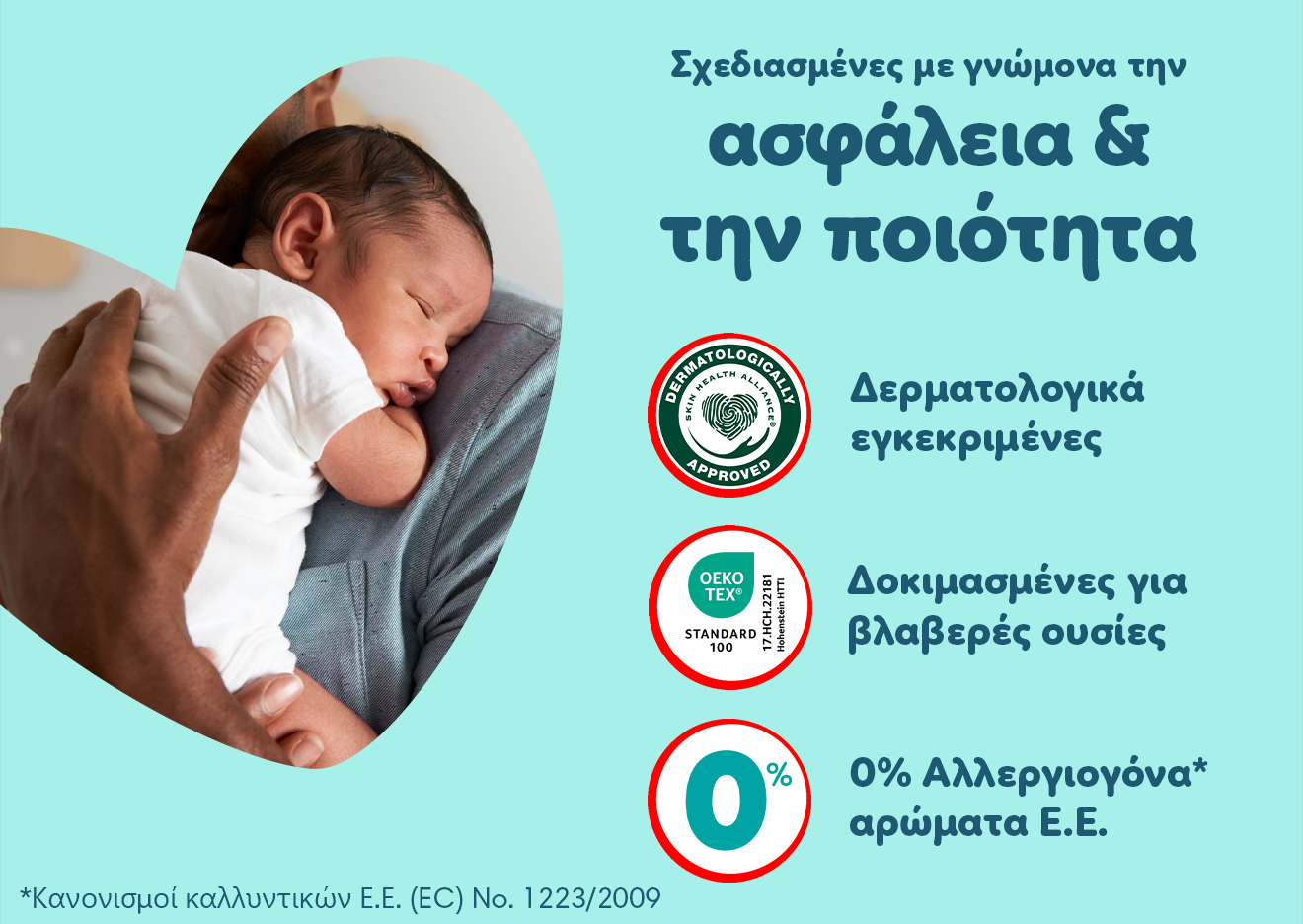 Ένα μωράκι είναι στην αγκαλιά του γονιού του. Σε βεραμάν φόντο αναγράφονται τα εξής χαρακτηριστικά: «Σχεδιασμένες με γνώνομα την ασφάλεια & την ποιότητα Δερματολογικά εγκεκριμένες Δοκιμασμένες για βλαβερές ουσίες, 0% Αλλεργιογόνα αρώματα Ε.Ε. με αποποίηση ευθυνών τη φράση: Κανονισμοί καλλυντικών Ε.Ε. (EC) No. 1223/2009».