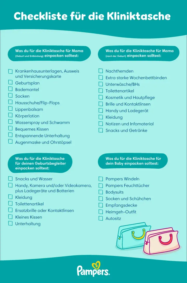 Checkliste für die Kliniktasche, um alles Wichtige bei der Geburt dabei zu haben. Checkliste für die Kliniktasche, um alles Wichtige bei der Geburt dabei zu haben.