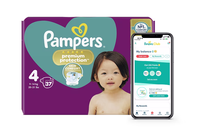 Pampers Club logo and pack of nappies with Pampers Club App shown in a phone