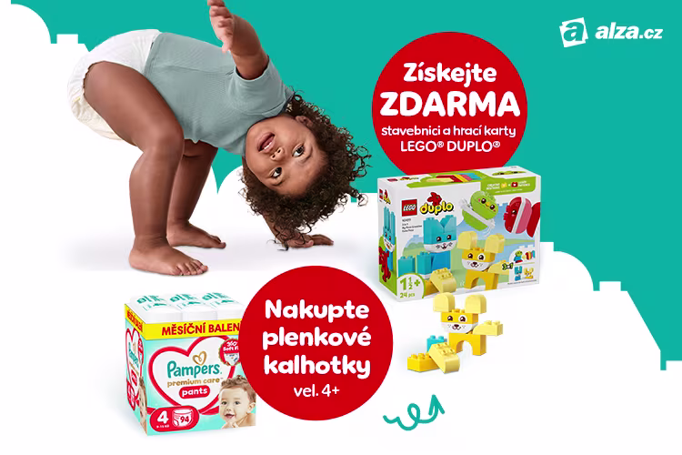 Propagační banner Alza.cz představující pleny Pampers Premium Care Pants a nabídku LEGO DUPLO. Je na něm zachyceno spokojené miminko v pleně, které se předklání.
