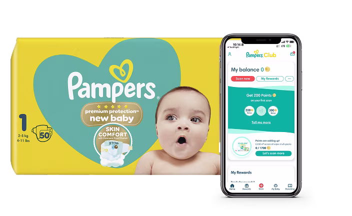 Pampers Club logo and pack of nappies with Pampers Club App shown in a phone