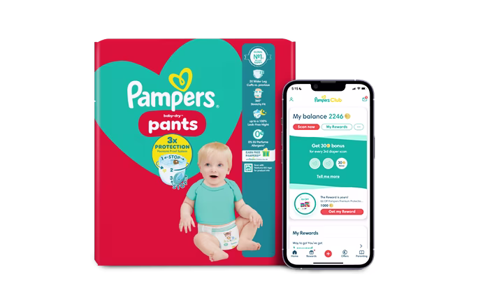 Pampers Club logo and pack of nappies with Pampers Club App shown in a phone