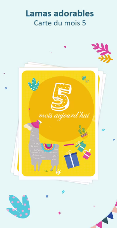 Cartes imprimées pour célébrer le moisiversaire de 5 mois de votre bébé ! Décorées avec des motifs joyeux, y compris le charmant lama et une note de célébration : 5 mois aujourd'hui !