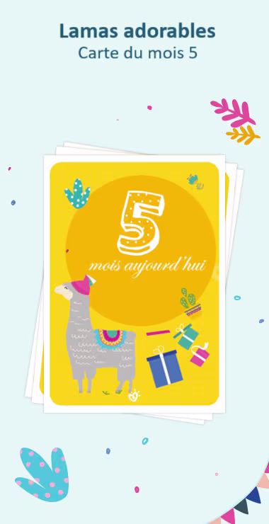 Cartes imprimées pour célébrer le moisiversaire de 5 mois de votre bébé ! Décorées avec des motifs joyeux, y compris le charmant lama et une note de célébration : 5 mois aujourd'hui !