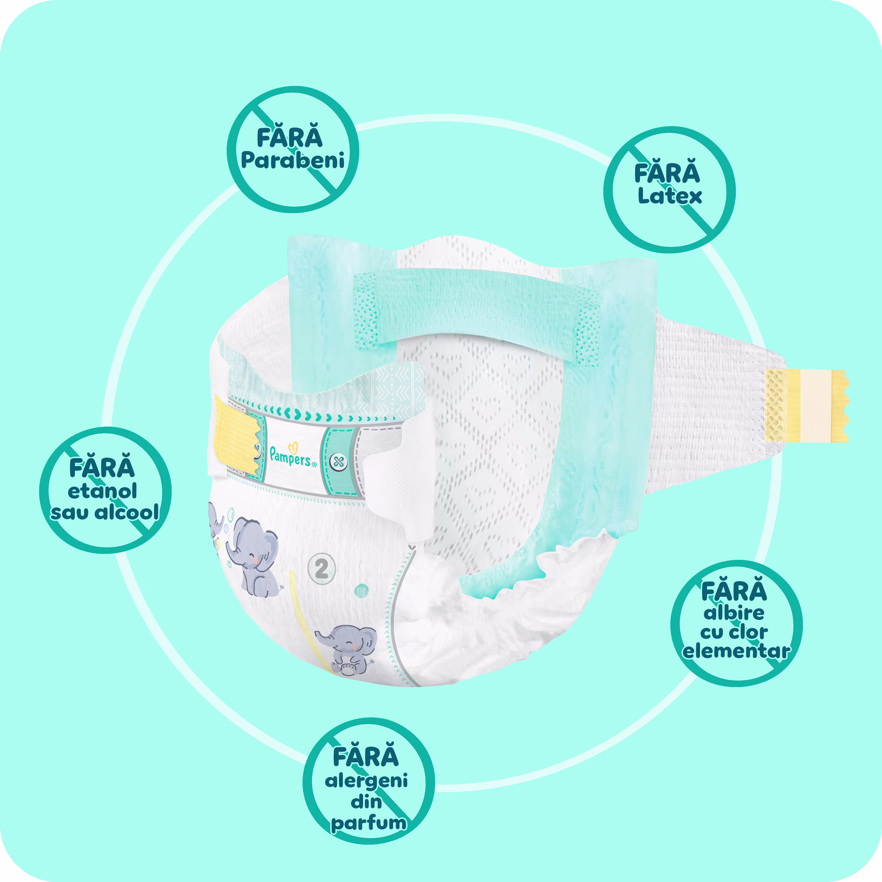 Scutec Pampers 3D cu bandă adezivă pe un fundal albastru deschis, înconjurat de pictograme ale ingredientelor tăiate cu o linie, care indică ce nu conține scutecul. 