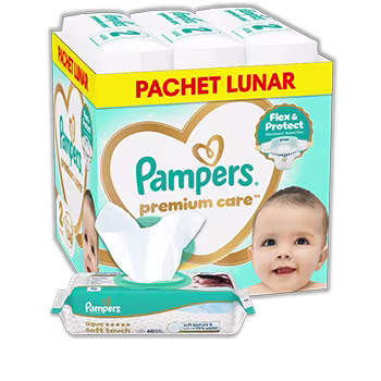 Imagine cu Pachet de scutece Premium Care și șervețele Aqua Soft.