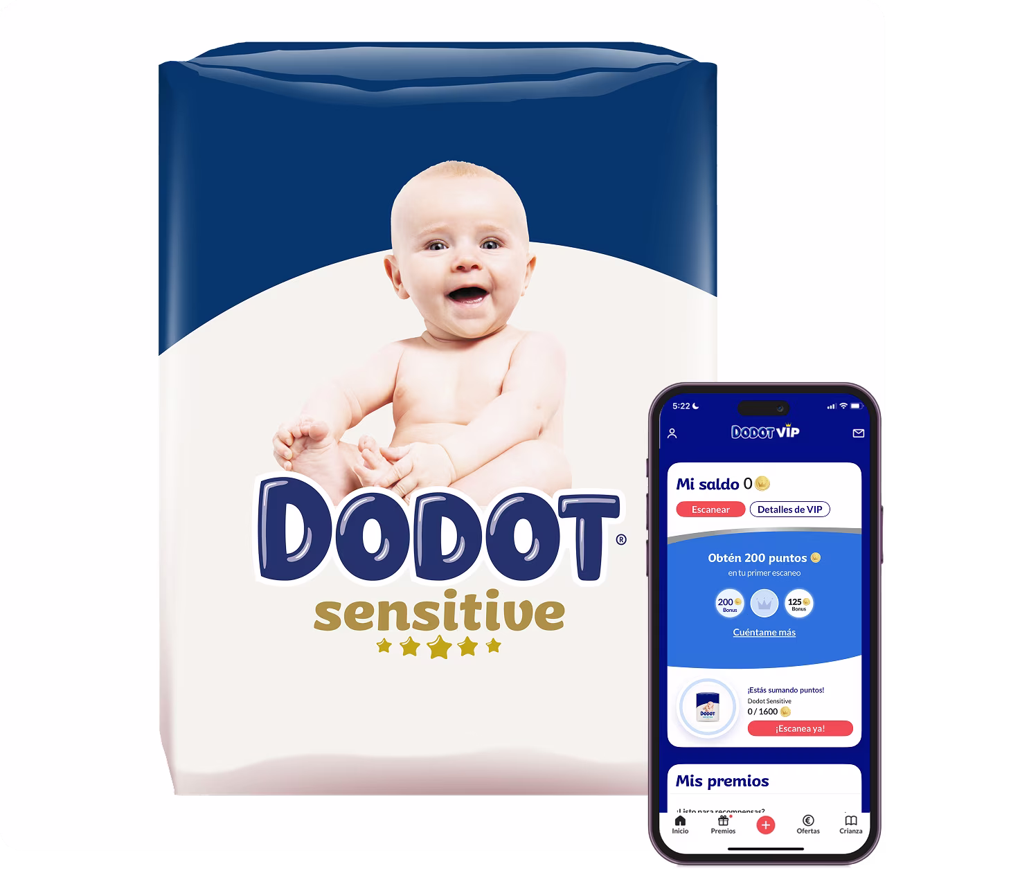 Dodot VIP, paquete de pañales con la App Dodot VIP mostrada en un teléfono