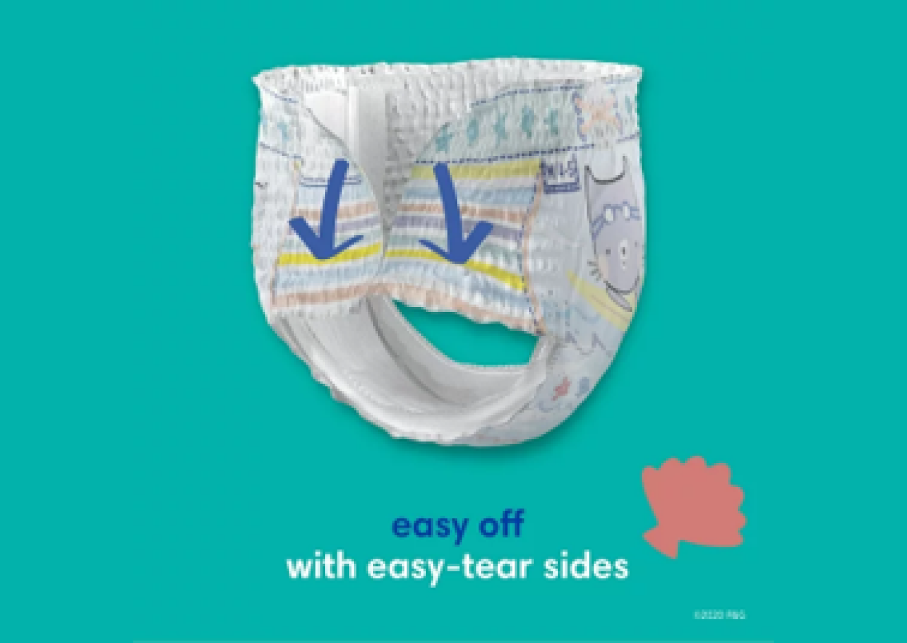 La imagen muestra cómo se quitan fácilmente los Pampers Splashers con sus lados fácilmente desprendibles