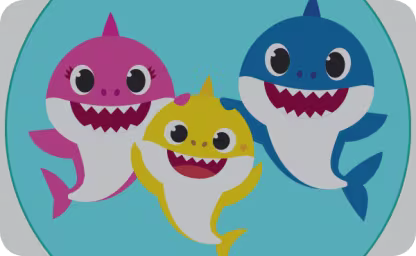 Mommy Shark, Baby Shark, and Daddy Shark from the cartoon "Baby Shark" are shown against a light blue background.
