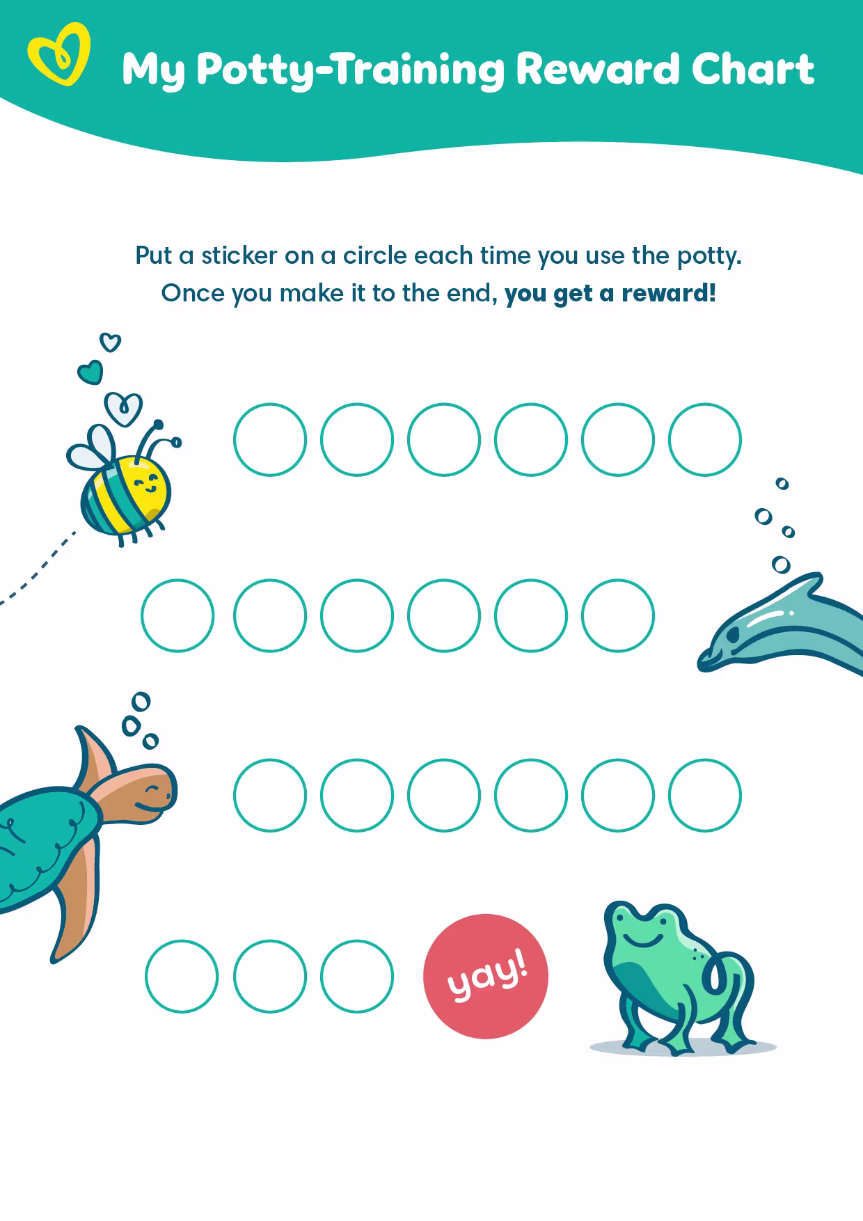 A potty rewards chart printable with 21 spots to fill for a reward