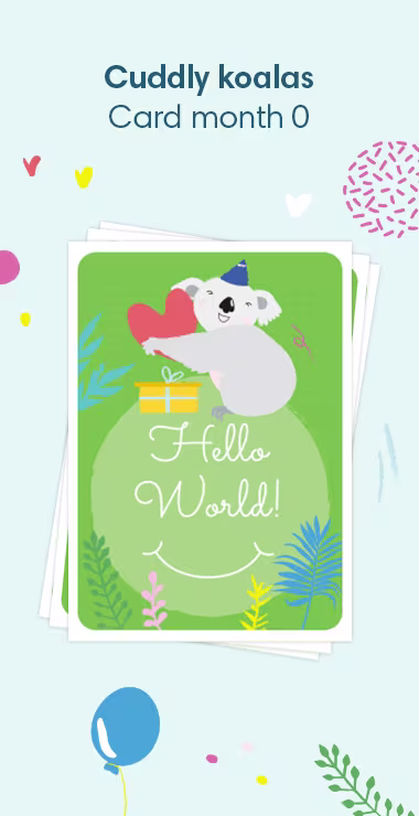 Printed cards to celebrate your baby's birth. Decorated with happy motifs  including the lcuddly koala and a celebration note: Hello World!