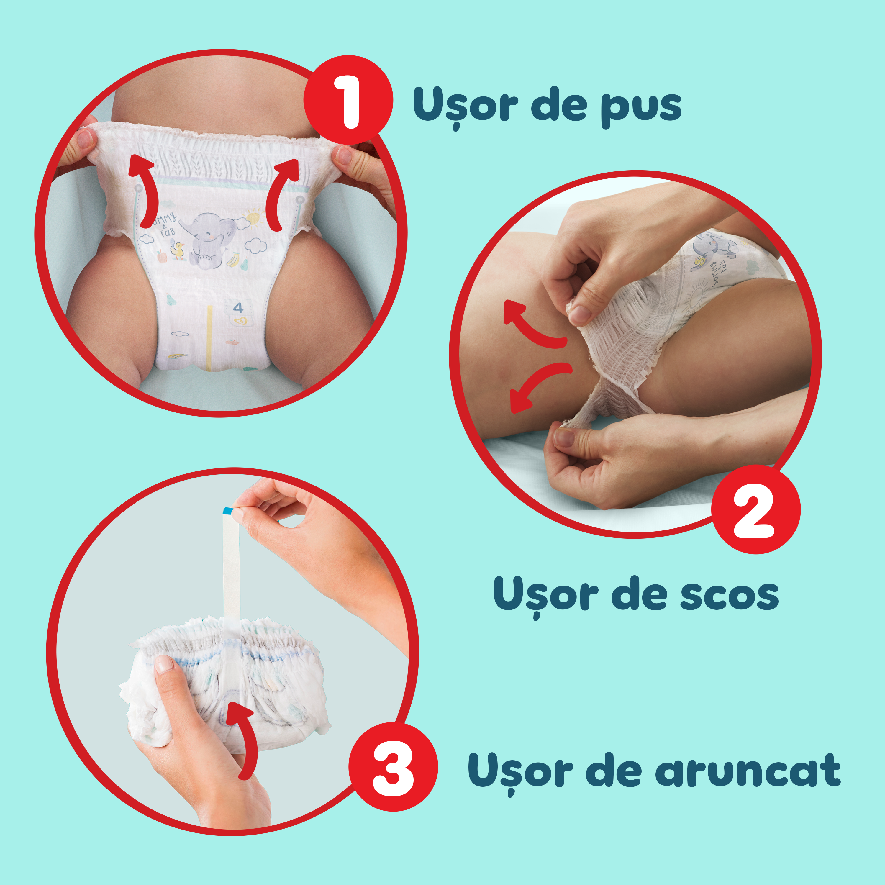 Imaginea arată trei pași pentru a arunca scutecele Pampers.
Trage de ele: Primul pas arată un bebeluș purtând Pampers Premium Protection, cu săgeți indicând cum scutecul trebuie să fie tras în sus.
Rupe-l: Al doilea pas arată cum se îndepărtează scutecul.
Împachetează, rulează, lipește: Al treilea pas arată scutecul rulat și pregătit pentru a fi aruncat.