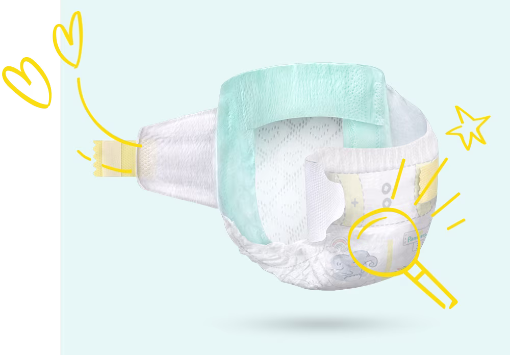 Vue complète de nos couches Swaddlers de Pampers® et de ses différents composants : cœur absorbant, élastiques flexibles, système de fermeture à la ceinture et bande indicateur d’humidité. Nos couches sont magnifiquement illustrées avec des motifs dessinés à la main.