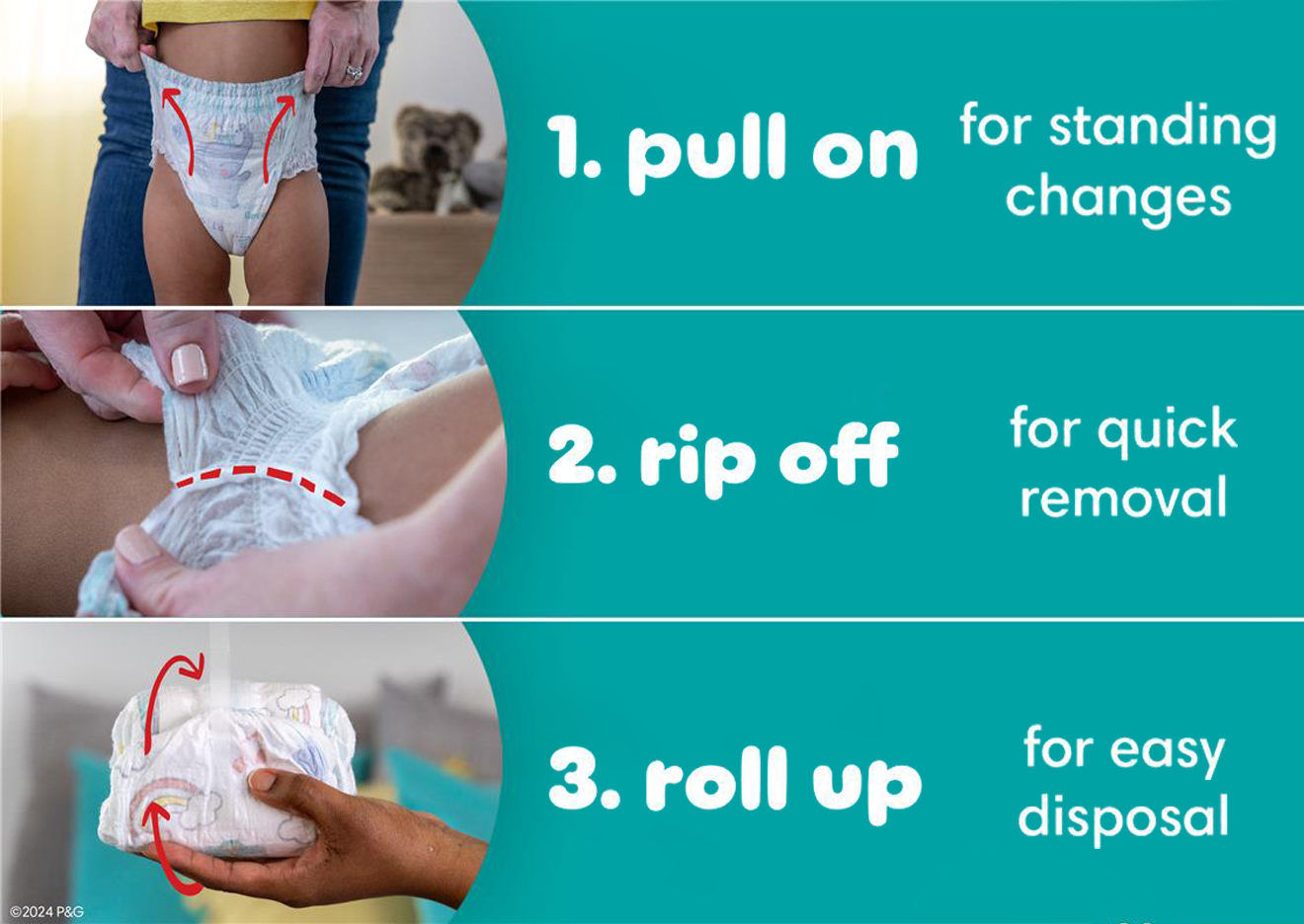 Image shows how Swaddlers 360° diaper changes easy. Just pull on to apply, rip off the side to remove, and roll up for quick disposal