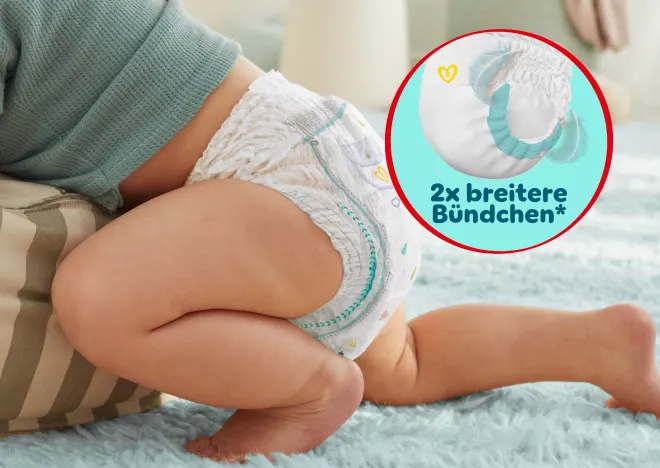Abbildung einer Pants zeigt den 3X Schutz dank 1) Stop & Schutz Täschchen 2) 360° Bauchbündchen und 3) Doppelten Beinbündchen