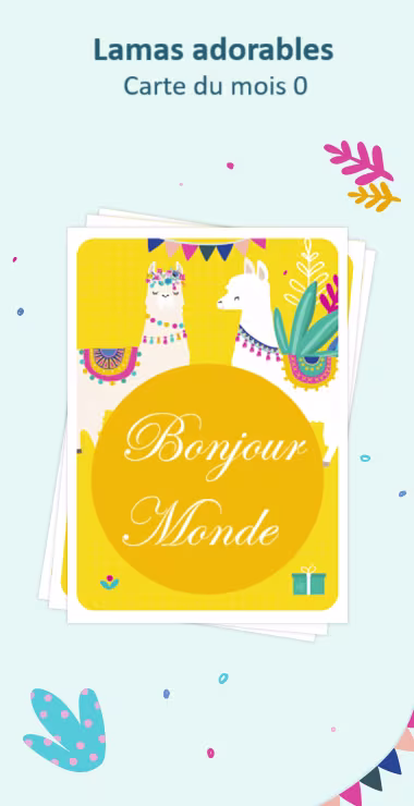 Cartes imprimées pour célébrer la naissance de votre bébé. Décorées avec des motifs joyeux, y compris le charmant lama et une note de célébration : Hello World !