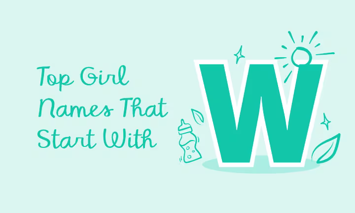 "Graphic of 'Top Girl Names That Start With W' with bottle, leaves, and sun illustrations."