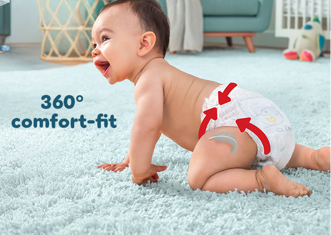 Baby crawling with nappy pant on, showing 360 comfort fit.