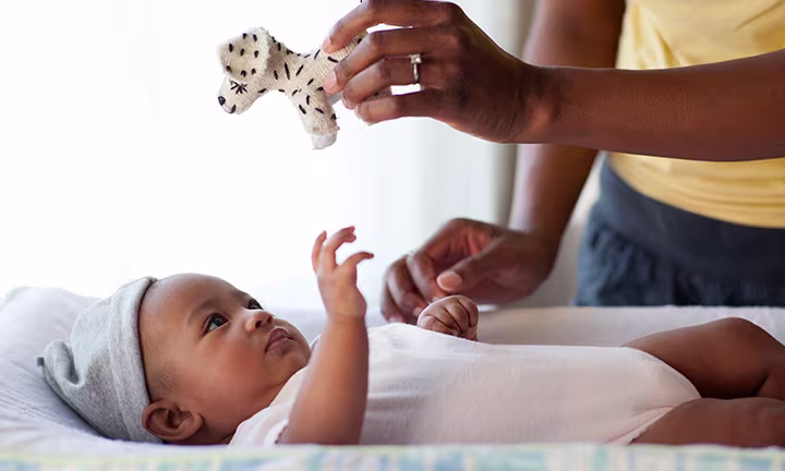 Image of a baby lying on their back, reaching up toward a small toy (black and white dog) that a caregiver is holding.