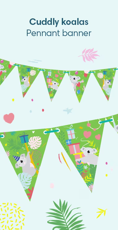 Our pennant banners are decorated with fun illustrations and motifs, with a bright green background, colorful plants, presents, and balloons and the cuddly koala!
