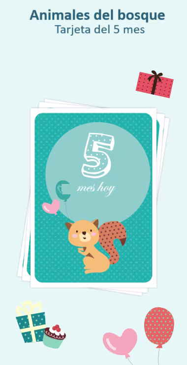 Cartas impresas para celebrar el nacimiento de tu bebé. Decoradas con motivos alegres, incluyendo una linda ardilla del bosque con un sombrero de fiesta, y una nota de celebración: ¡Hoy cumple 5 meses!