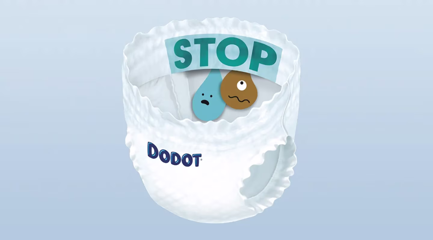 Um desenho mostra uma fralda-cueca da Dodot, revelando a Barreira STOP Fugas.