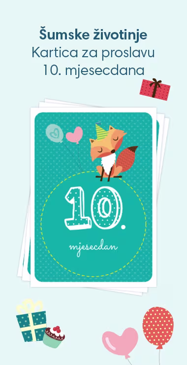 Slavljeničke kartice za proslavu 10. mjesecdana vaše bebe! Ukrašene veselim motivima uključujući preslatku lisicu s party šeširićem i natpis: 10. mjesecdan