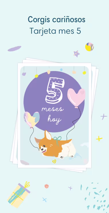 Printed cards to celebrate your baby's 5 monthiversary!. Decorated with happy motifs including the charming corgi and a celebration note: 5 months today!