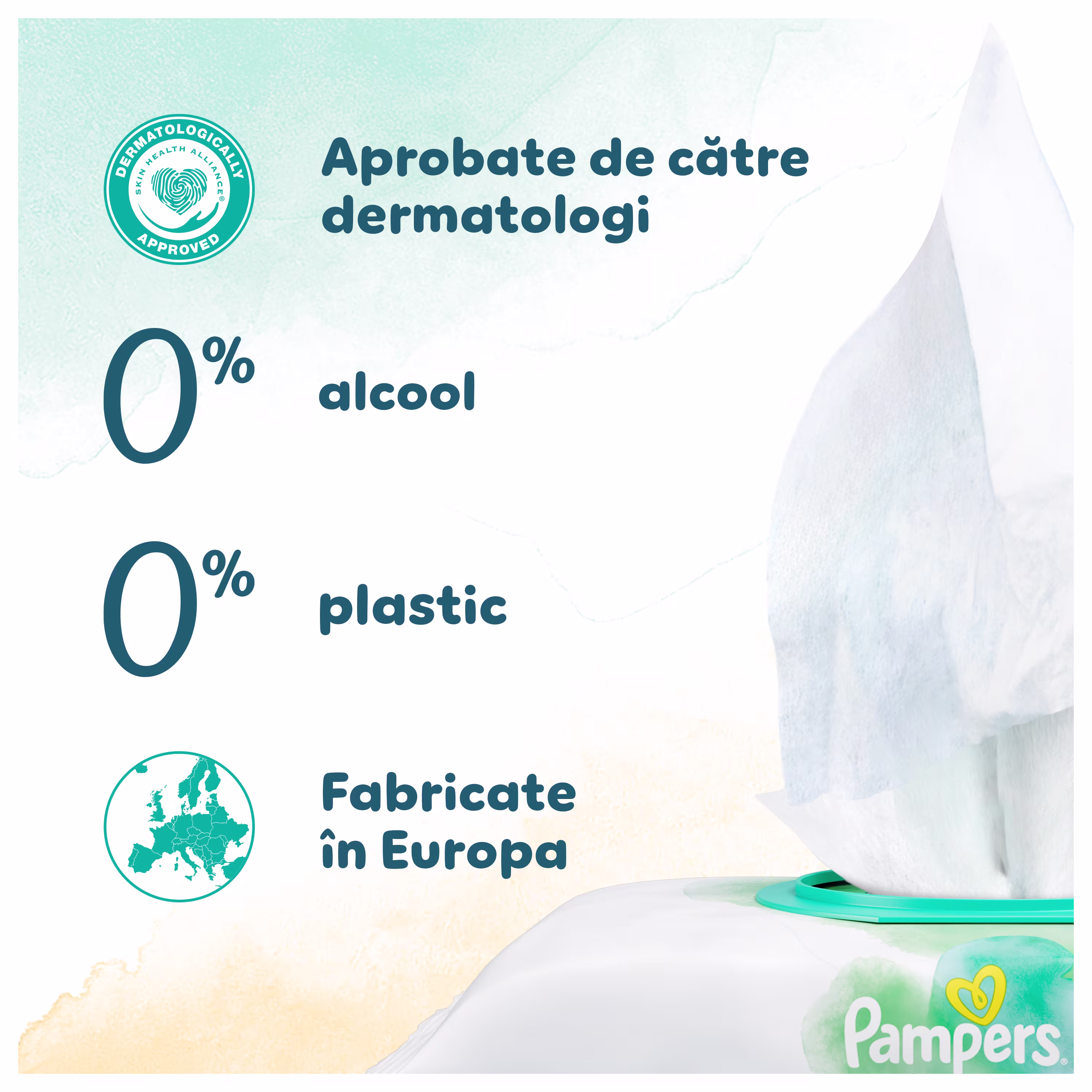 Prim-plan pe șervețele umede Pampers Harmonie Protect & Care scoase din ambalaj și lista certificatelor.