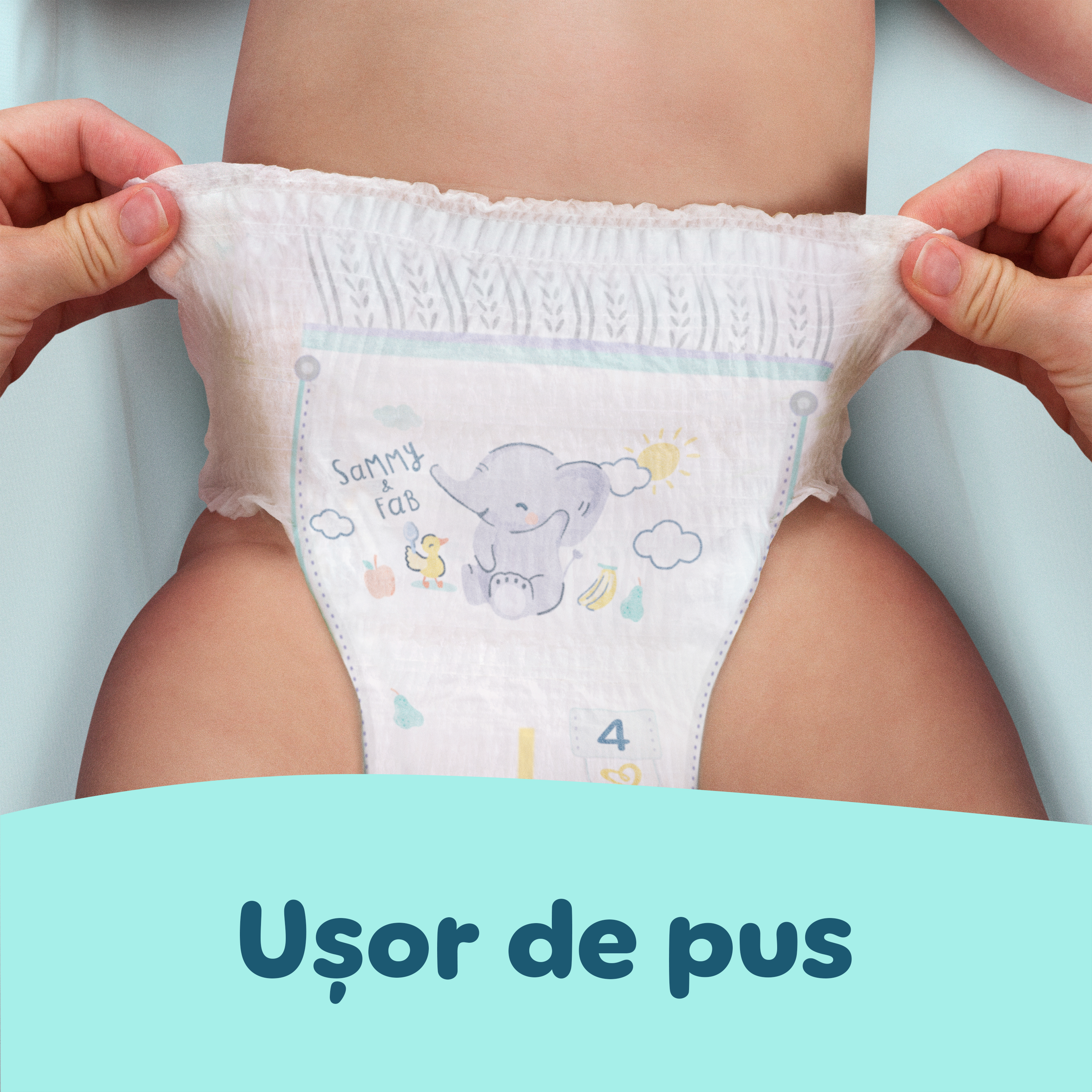 Imagine în care se arată cât de ușor se pune scutecul printr-o singură tragere.