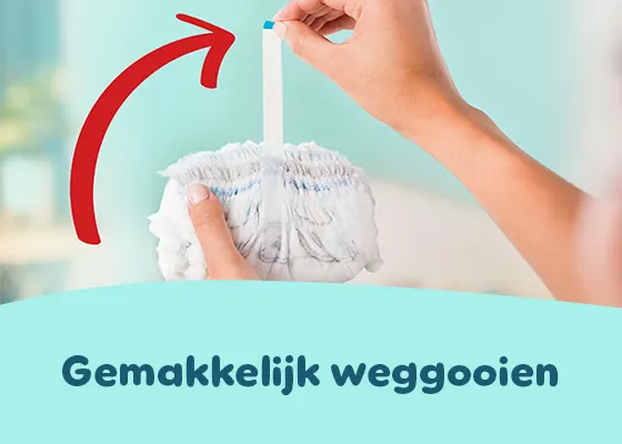 Afbeelding toont een gebruikt luierbroekje opgerold en vastgemaakt met de plakstrip
