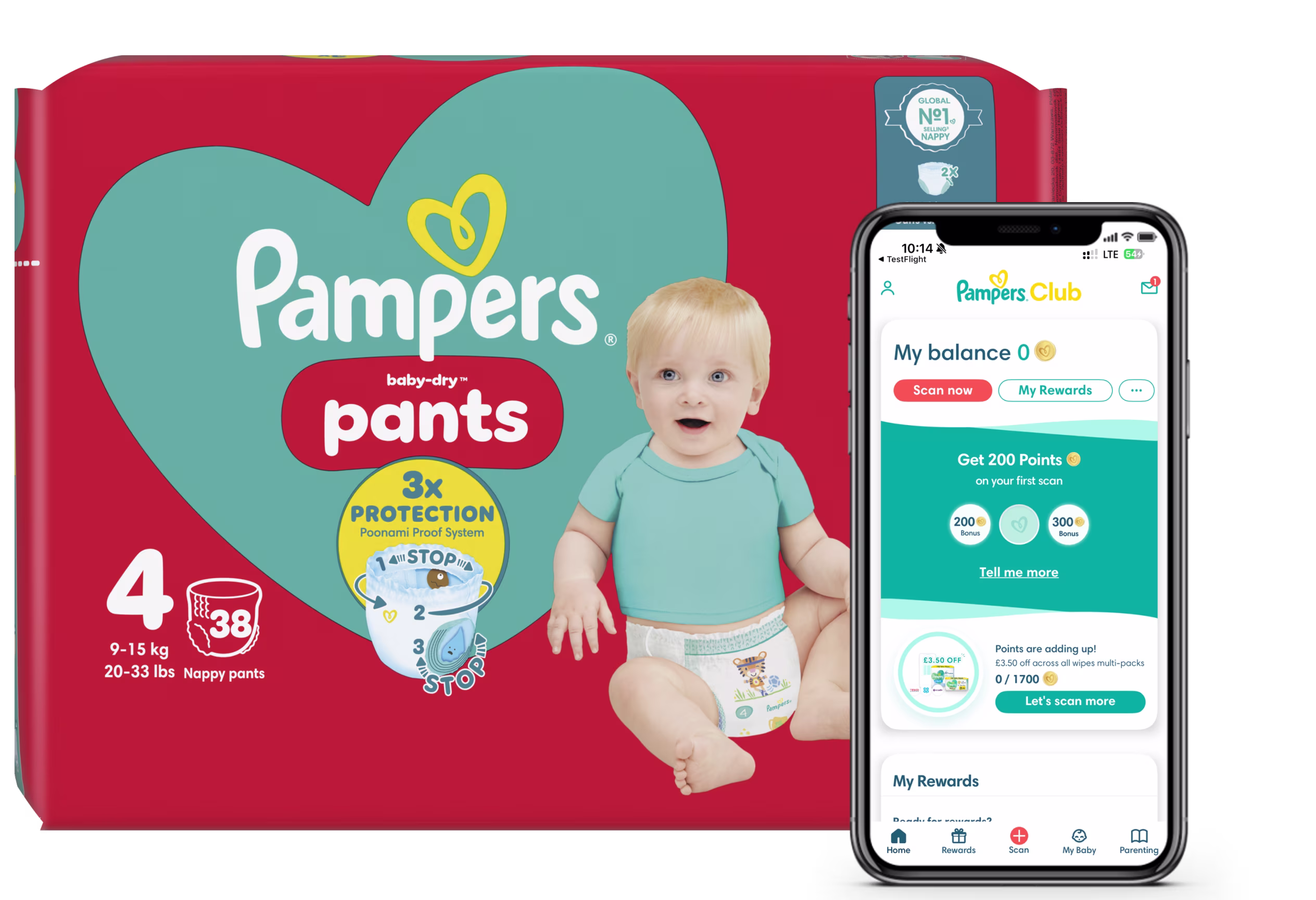 Pampers Club logo and pack of nappies with Pampers Club App shown in a phone