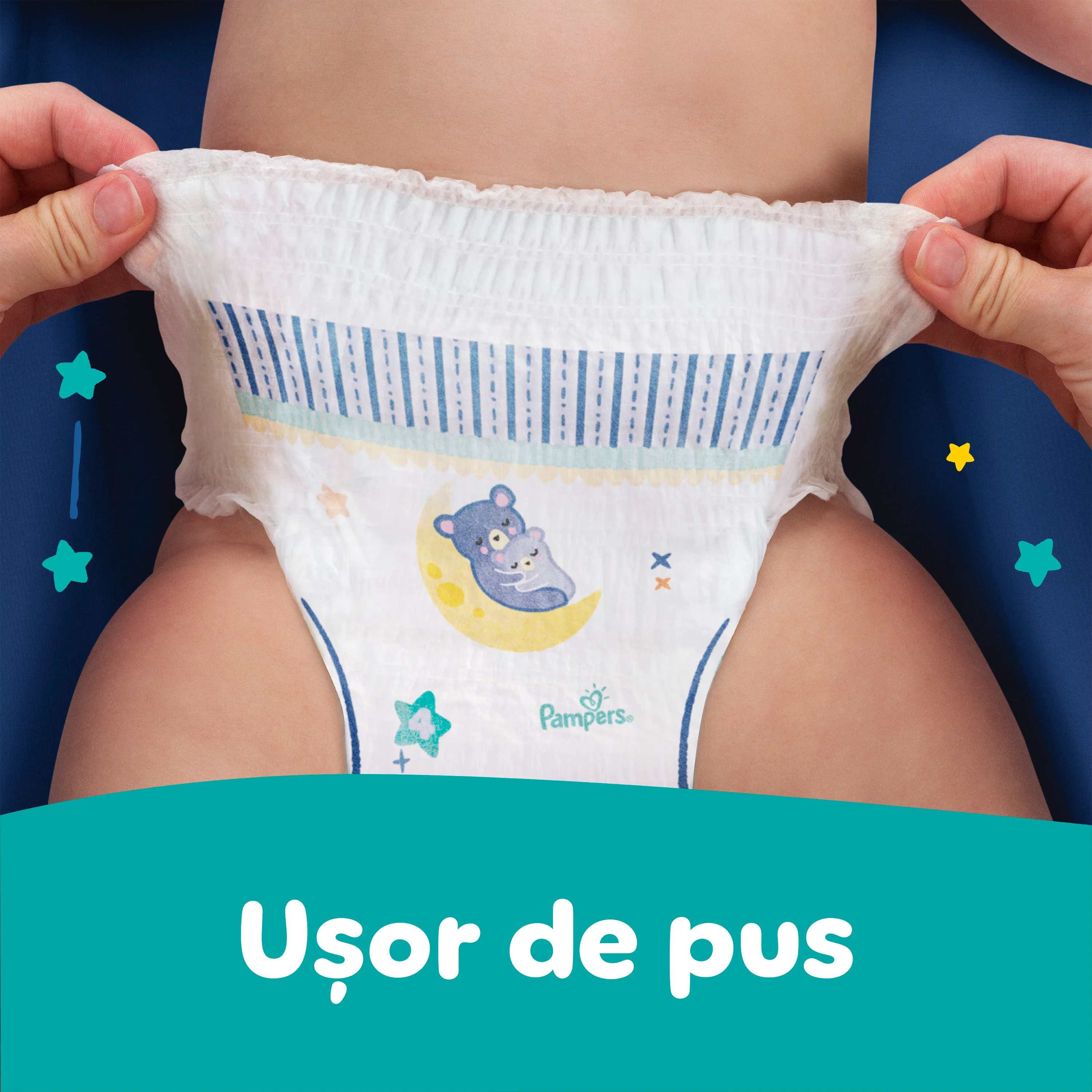 Imagine în care se arată cât de ușor se pune scutecul printr-o singură tragere.