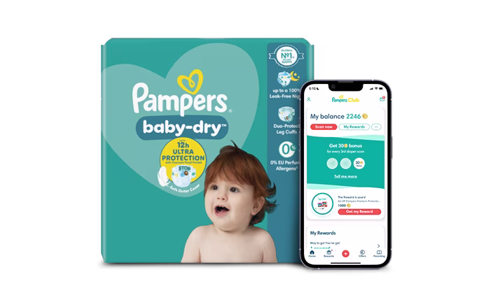 Pampers Club logo and pack of nappies with Pampers Club App shown in a phone