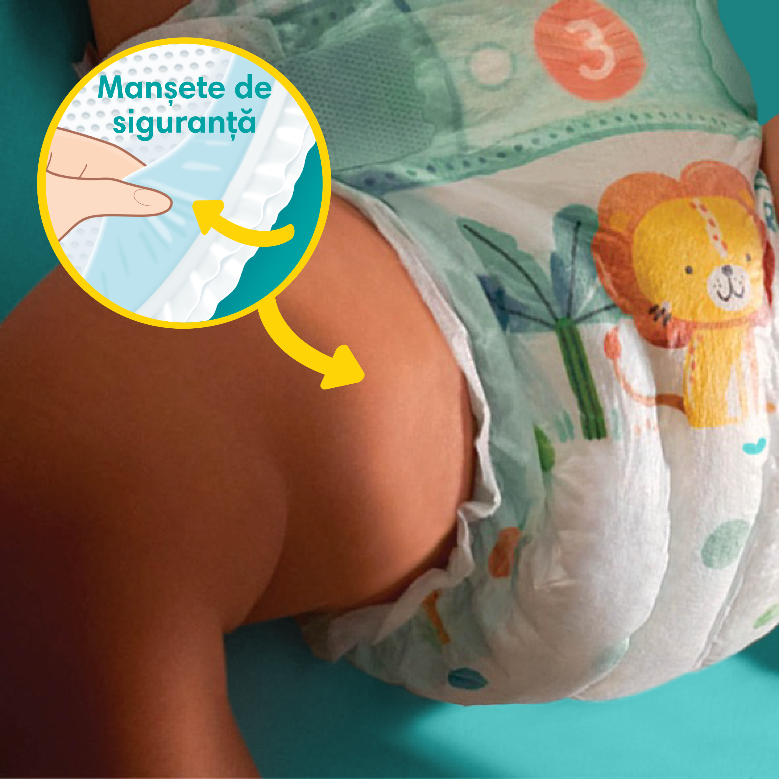 Bebeluș care poartă scutec Active Baby, iar într-un icon în stânga sus scrie „Manșete de siguranță”.