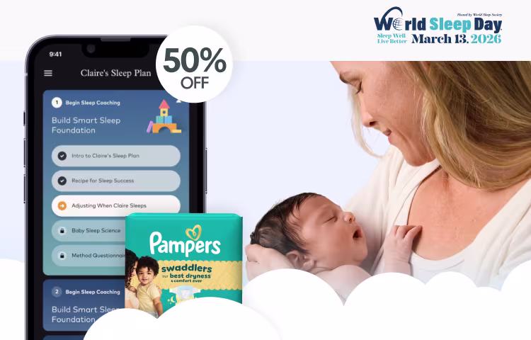 Mom holding baby looking down smiling. baby sleeping happily. Offer is depicted on top with 50% off the Smart Sleep Coach app and presented as a combo with the Swaddlers Pampers diapers